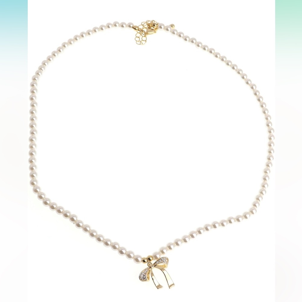 NWT Gold Pearl Layered Choker Strand Necklace, Dainty Long Faux Pearls Chain